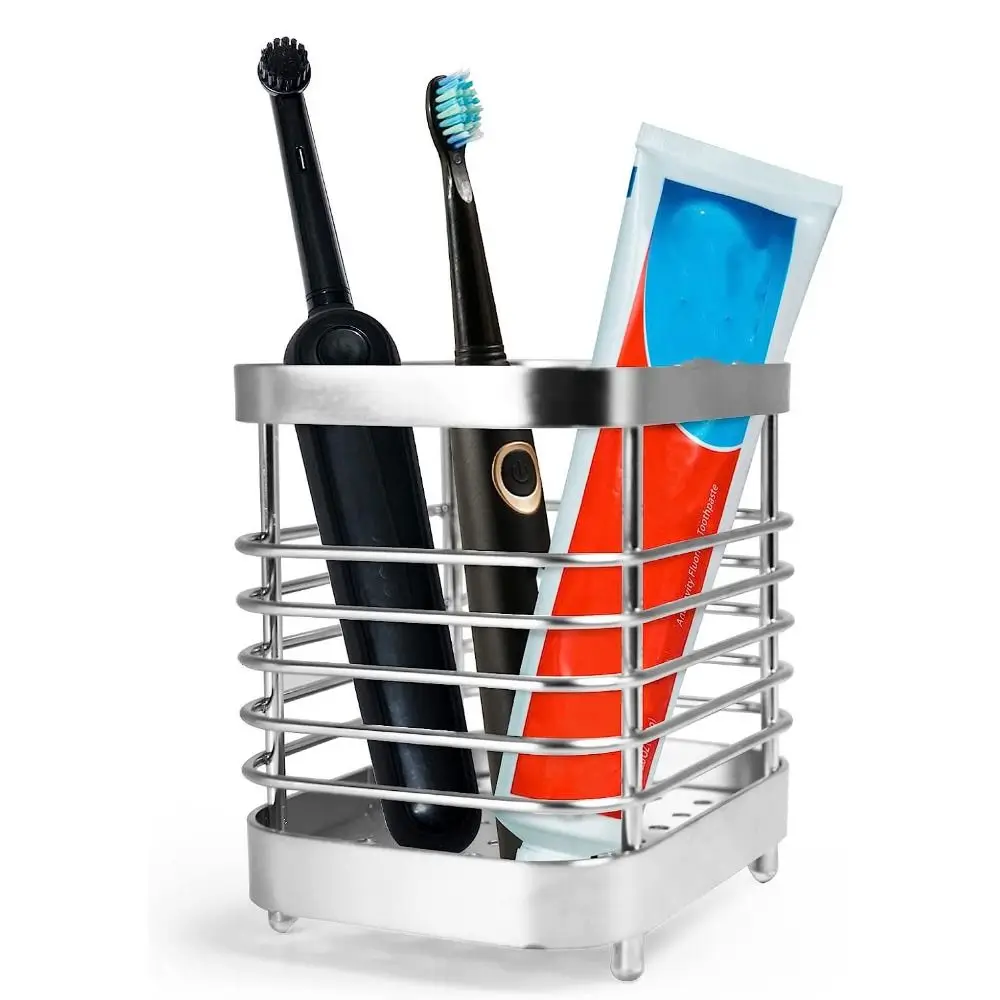 Silver Storage Shelf Easy To Clean Black Stainless Steel Toothpaste Holder Drain Rack Bathroom