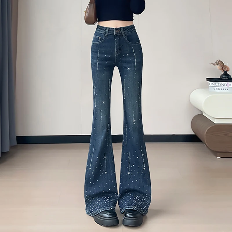 Jean Vintage de style américain pour femmes, pantalon en Denim orné de strass, taille haute, évasé, tendance, nouvelle collection 2025