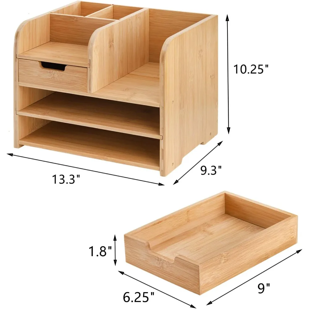 منظم سطح المكتب من الخيزران مع درج، منظم مستندات مكتب خشبي من 3 طبقات مع حامل قلم، تخزين قرطاسية الطاولة O