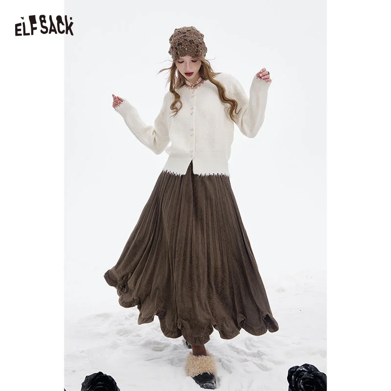 

ELFSACK 2025 Winter New Arrivals Y2K Solid Asymmetric Flounce Hem Pleated Puffy Long Half Skirt For Women