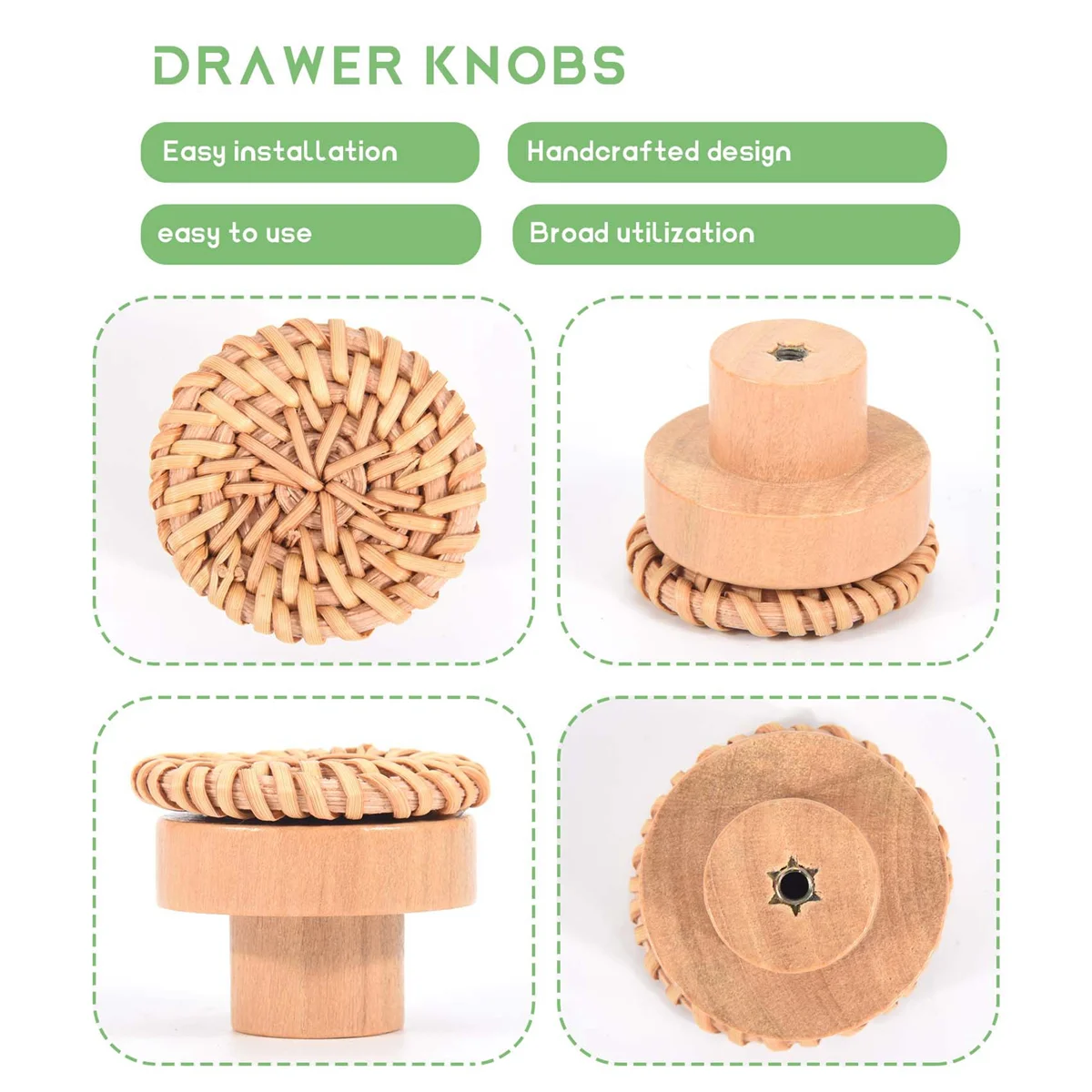 HEIßER Boho Rattan Kommode Knöpfe Runde Holz Schublade Knöpfe Handgefertigte Korbgeflecht und Schrauben für Boho Möbel Knöpfe 12 Stücke