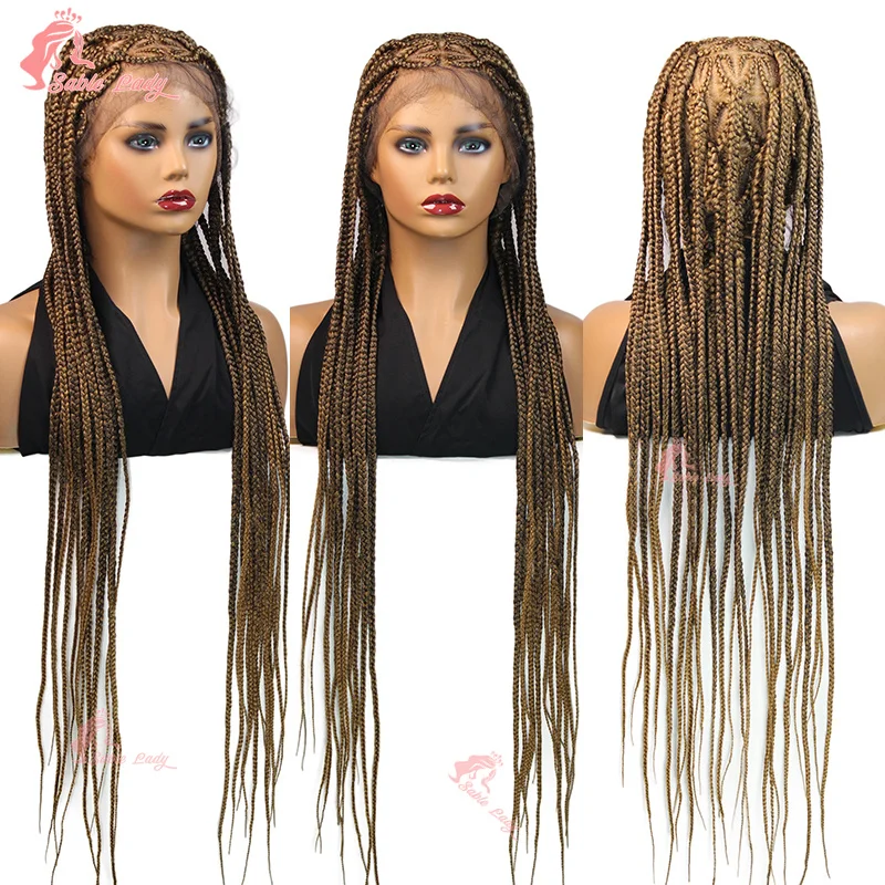 36" Synthetic Wigs Heart Box Braided Full Lace Wigs Burgundy Cornrow Braids Lace Wigs for Woman African Faux Locs Braiding Hair