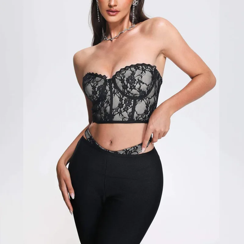 

Black lace chest wrap top wide leg pants two-piece set high waist bandage dress sexy temperament elegant high-end clothing dance