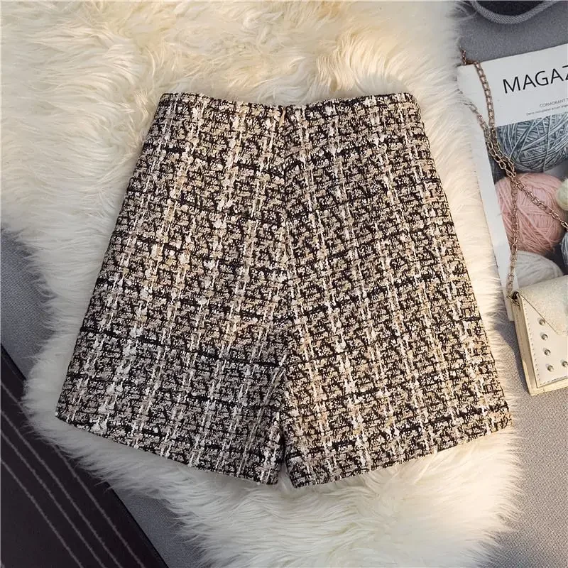 Korean Temperament Shorts For Women Thicked Tweed Wide Leg Pants 2025 New Bottoms Vintage Fashion Pantalones Cortos De Mujer