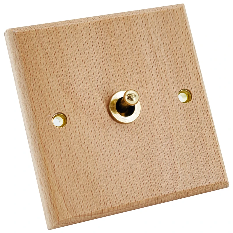 Vintage Beech Solid Wood Panel Brass Lever Wall Toggle Switch Wood Natural Color for Home Improvement
