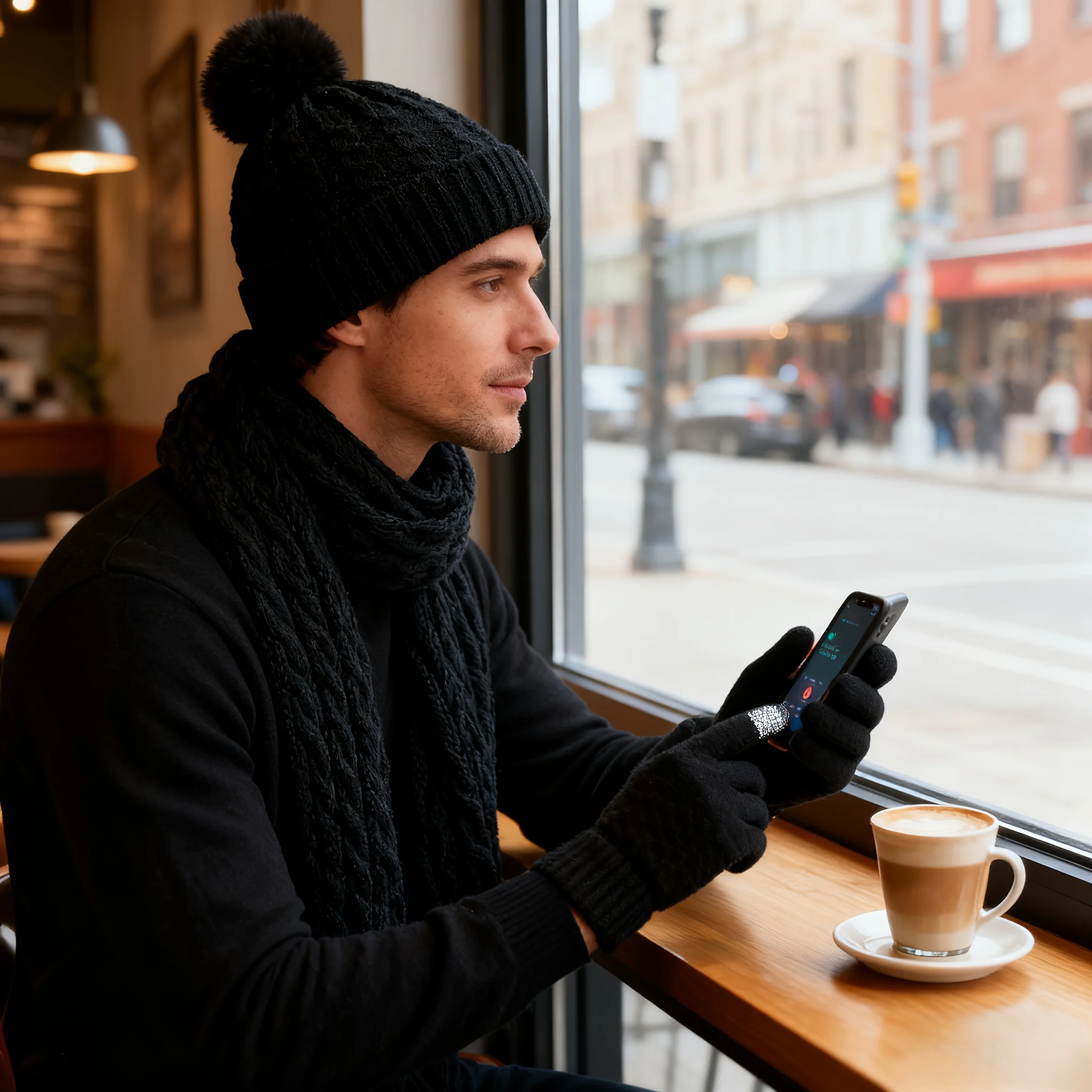 

3-Piece Set: Thick-knit beanie, face-covering neck warmer, and anti-slip touchscreen gloves. Provides full coverage for