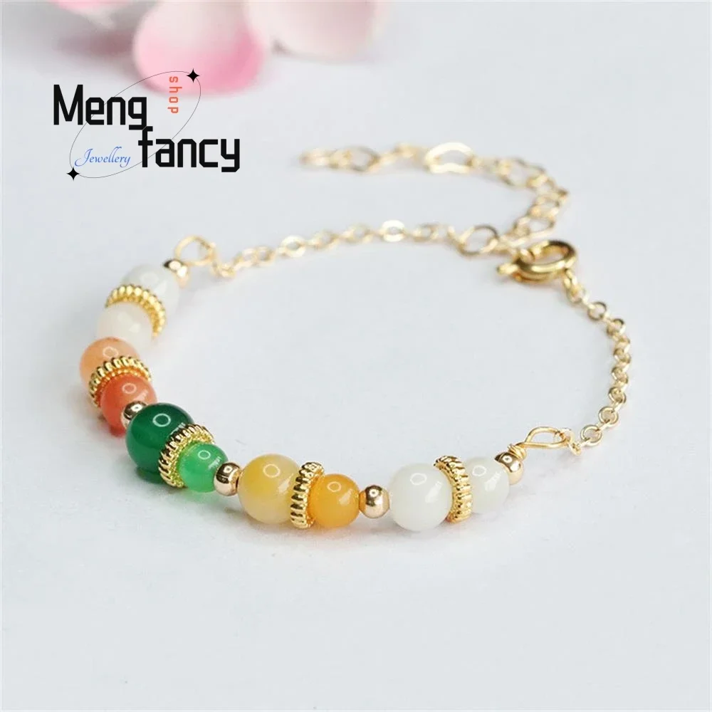 Natural Myanmar A-goods Jadeite Multi-coloured Green Chalcedony Jade String Exquisite Elegant Simple High-grade Fashion Bracelet