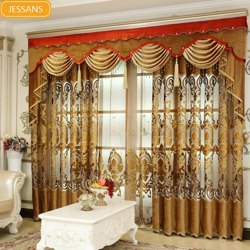 

High-grade European Hollowed Chenille Luxury Ripple Semi-shading Embroidery Flowers Curtains for Living Dining Room Bedroom