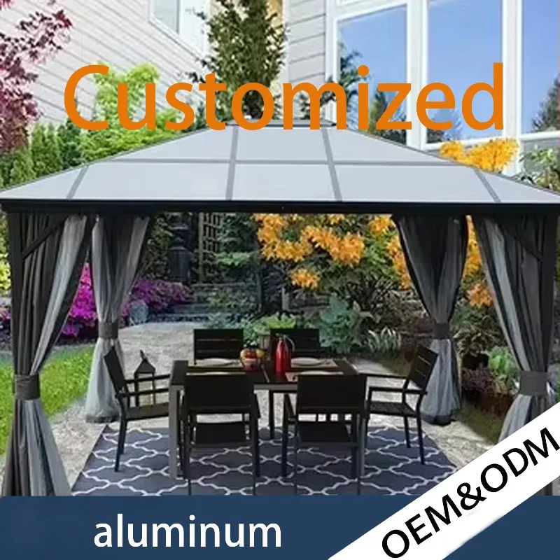 Luxury Outdoor Aluminum Pergola Gazebo Durable Polycarbonate Roof With Detachable Mosquito Net And Privacy Curtain