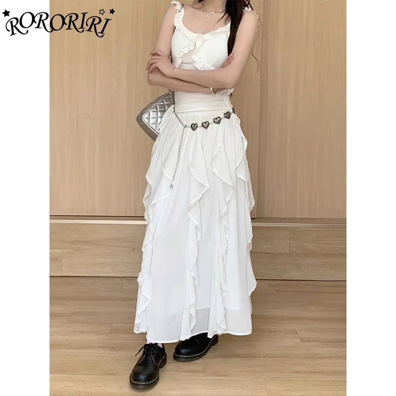 

RORORIRI Irregular Ruffle Stitch Tank Top Skirt Set Women Frill Trim Belt Sleeveless Vest Plain Long Skirt Flowy Summer Clothes