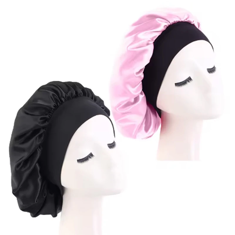 Dames Satijn Effen Mutsen Breedgerande Nachtrust Badmuts Unisex Hoofdwikkel Elastische Band Cap Haarverzorging Motorkap