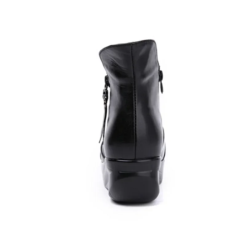 SNURULAN  Vintage Zipper Women Boots Black Genuine Leather Wedges Swing Shoes Warm Plush Winter Shoes Round Toe Platform Shoes