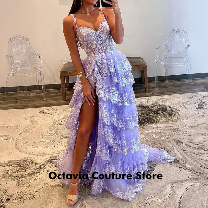 

Customized Lace Decorated Tiered Prom Dress Spaghetti Strap Pleats Appliques Evening Dress Formal Occasions