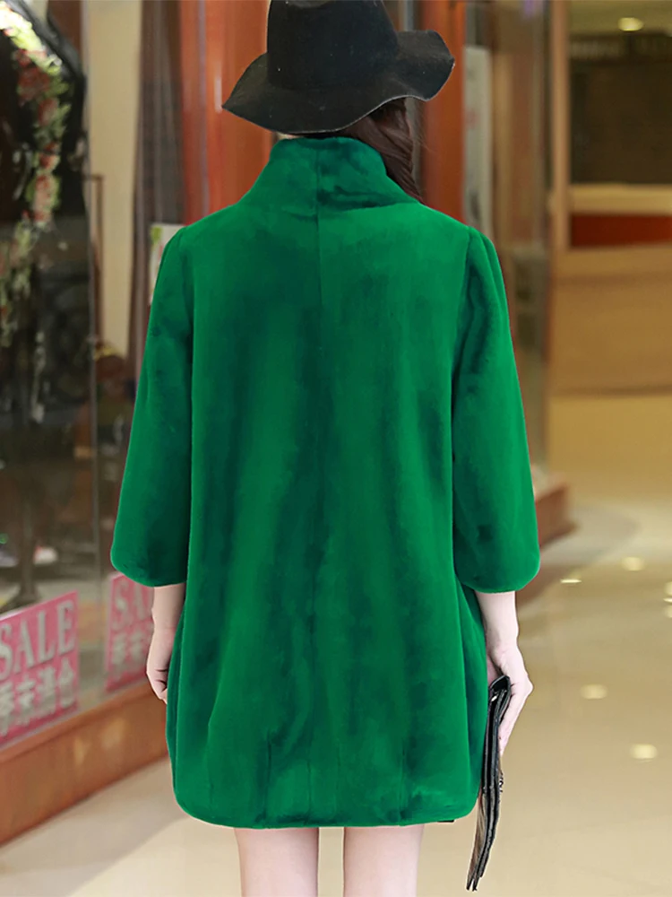 Nerazzurri Spring Winter Green Soft Loose Warm Faux Fur Coat Women 3/4 Sleeve Stand Collar Luxury Fluffy Jacket 2022 Fashion