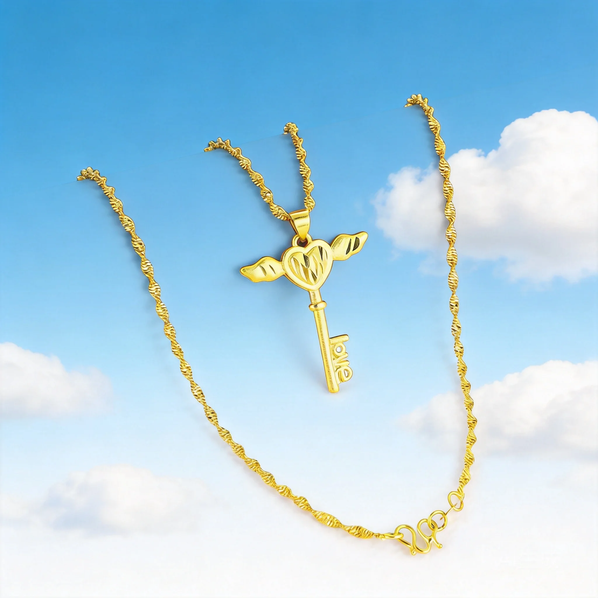 2026 Women's Faux Gold Sand Gold Love Heart Wing Key Pendant Necklace Korean Style Fashion Long Lasting Non Tarnish Jewelry For