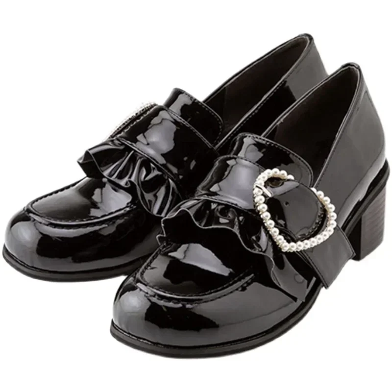 Japanese Style JK Uniform Shoes Wooden Ear Pearl Heart Patent Leather Lolita Women's Black Pump Shoes Ladies Girls High Heels