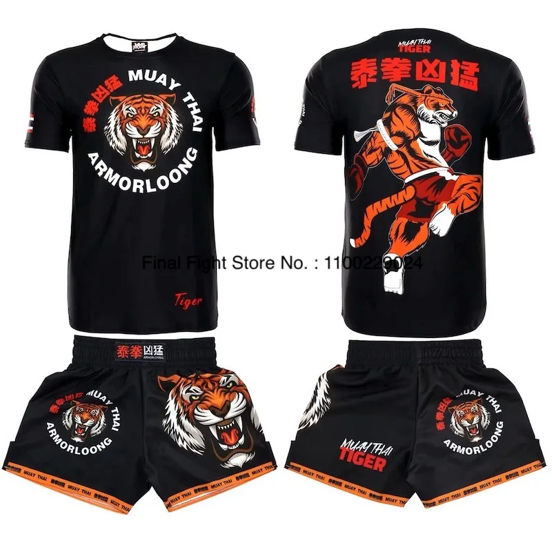 Muay Thai Boxing Shorts and Matching T Shirt Set Printing Kickboxing Cage Fighting Grappling Pants Martial Arts Training Uniform