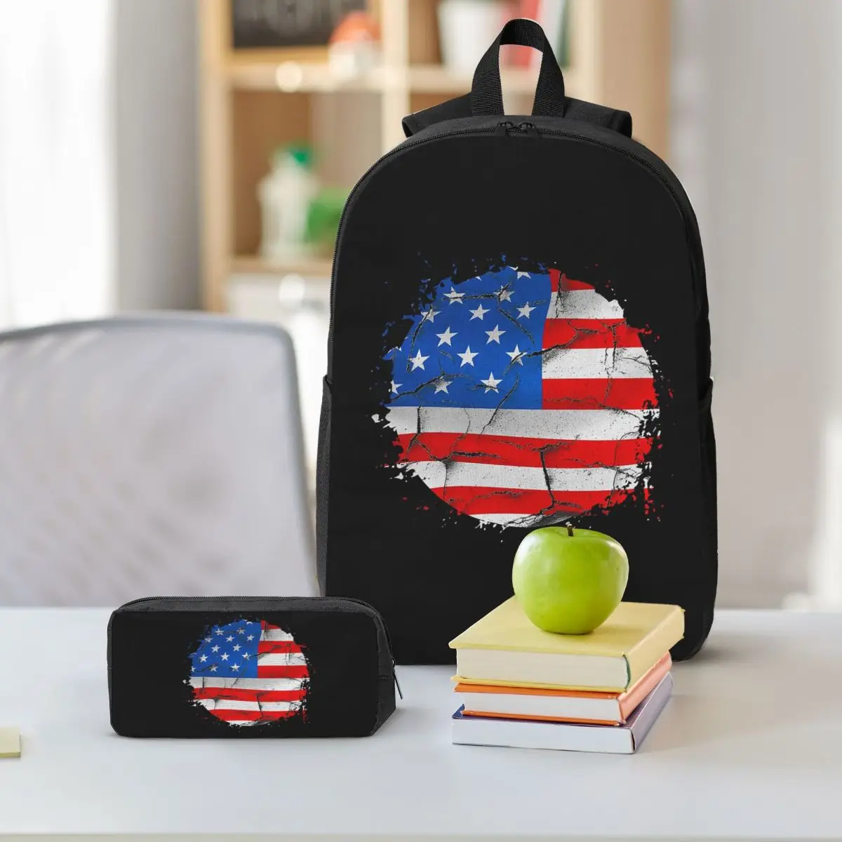 USA America American Flag Backpack Student BookBag School Bag Shoulder Bags 3ps Insulated Lunch Bag Pencil Case