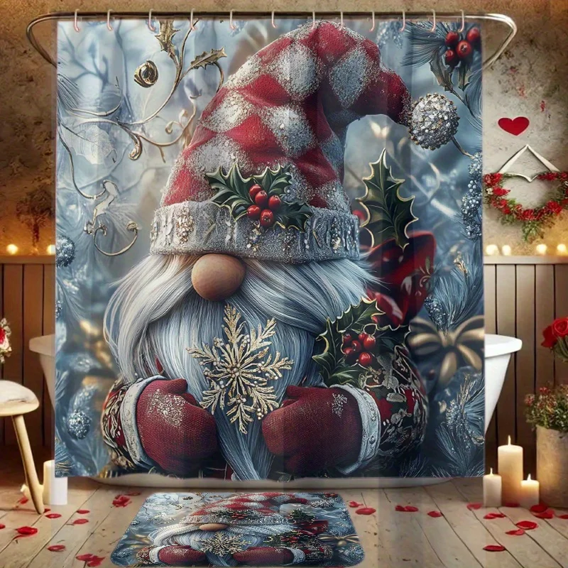 4pcs Santa Claus Print Shower Curtain Set, Decorative Bathroom Set Includes Shower Curtain, Non-Slip Floor Mat, Toilet Seat