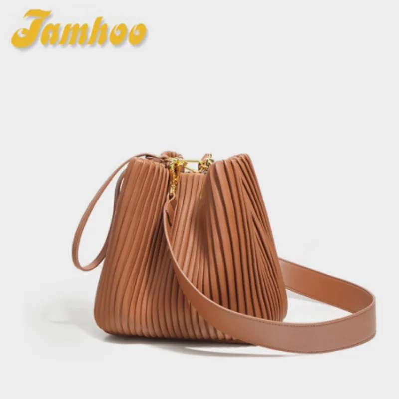 Jamhoo Ruched Bucket Bags for Women Luxury Women's Handbags Fashion Casual Shoulder Crossbody Bag Drawstring Design Flap Tote