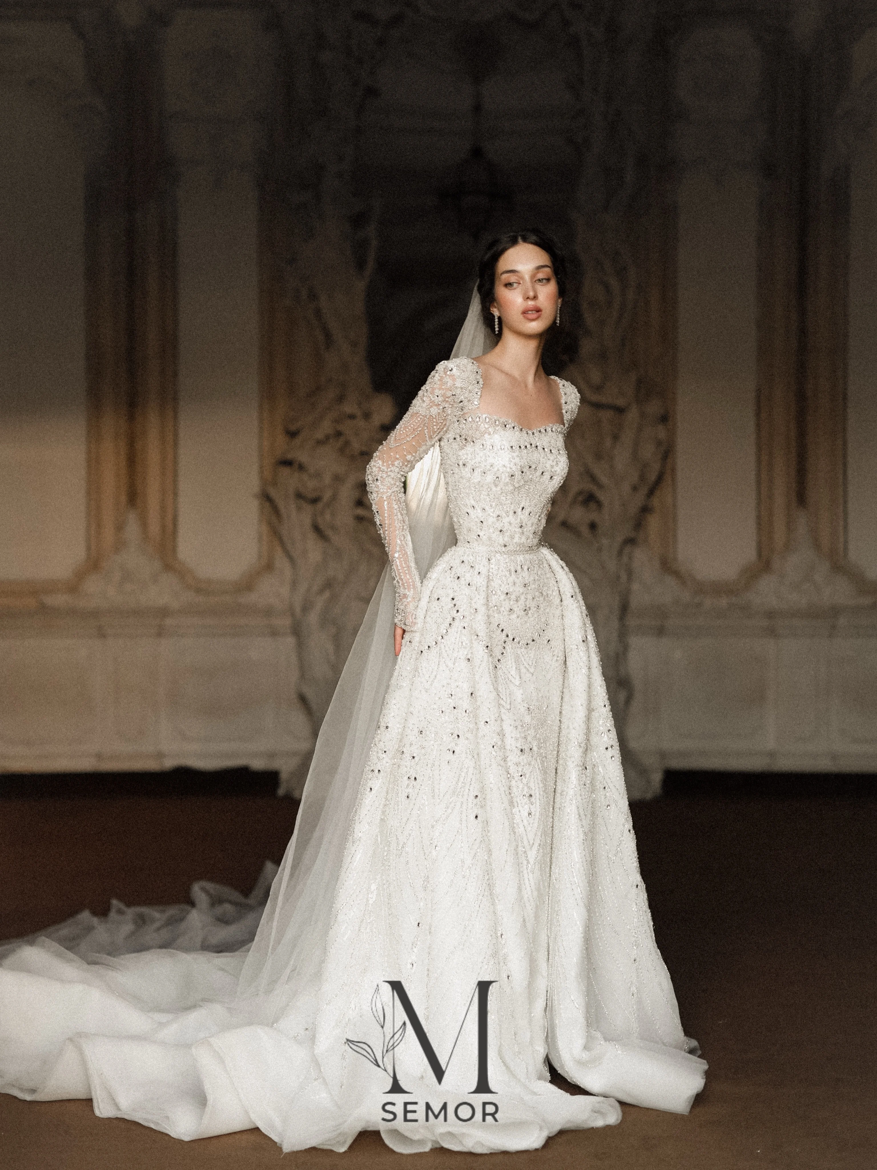 Semor Customized High Quality Detachable Train Wedding Dresses luxury Beading Mermaid Ball Gown Long Sleeve Square Bride Dress