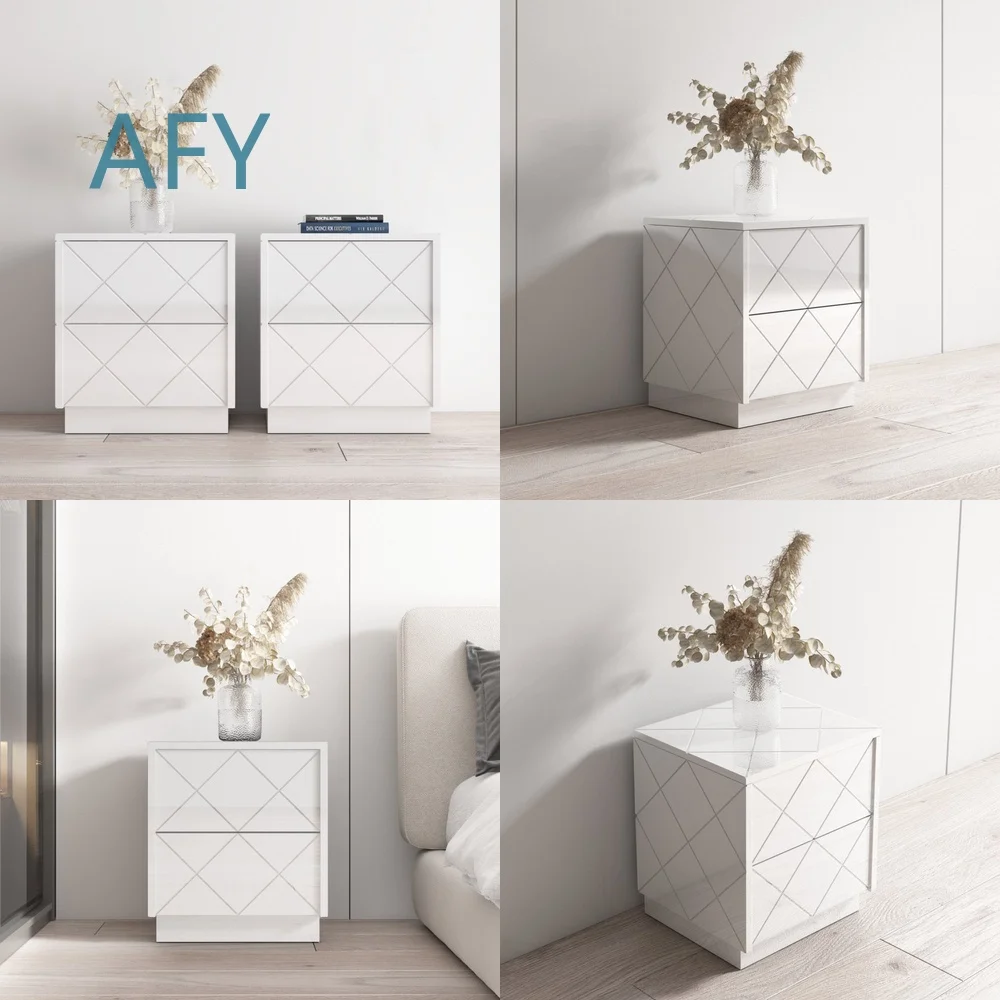 Modern Contemporary Bedside Tables for Customization High Gloss Surface High Gloss Body Set of 2 Nightstands for Modern