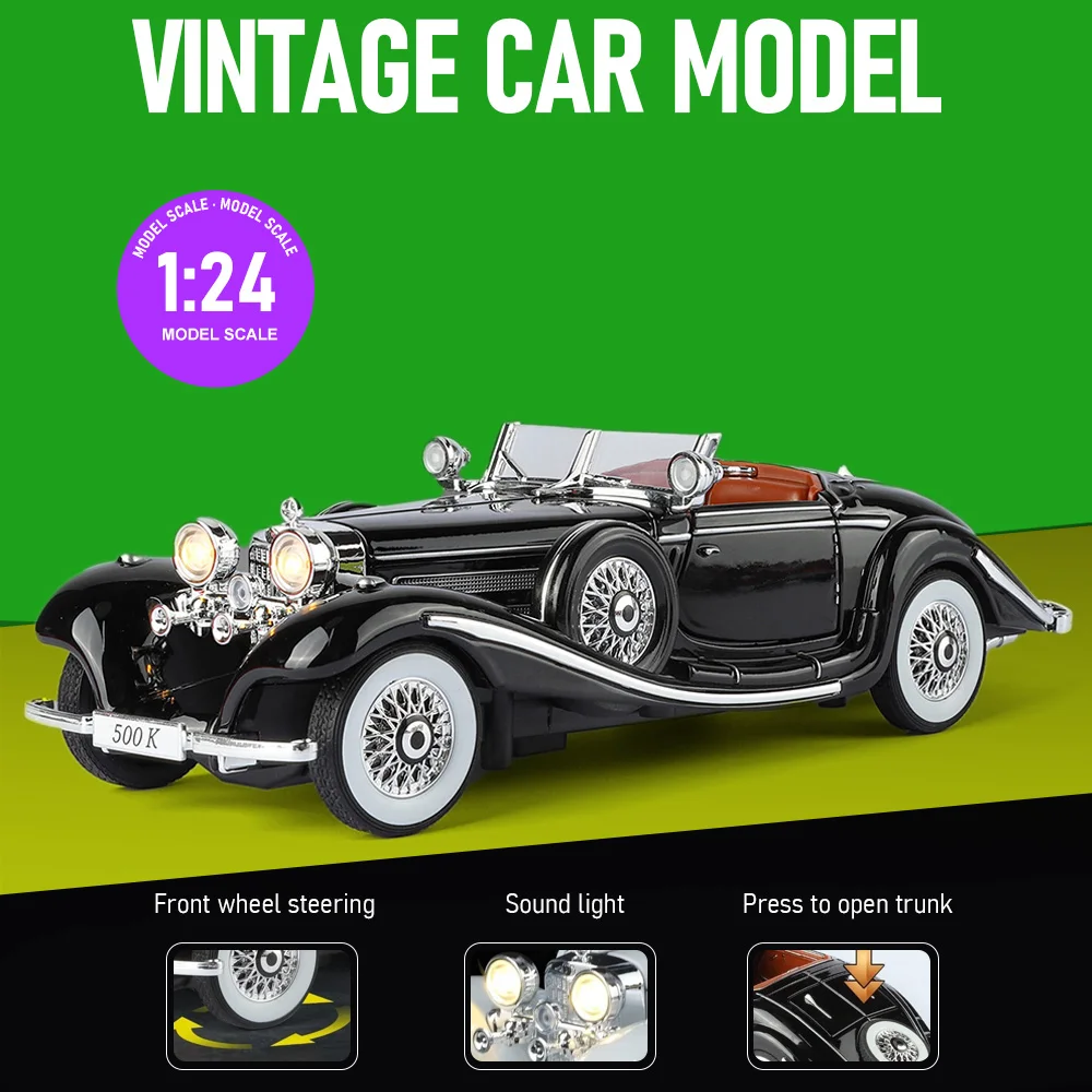 

1:24 Scale 500K Vintage Car Model Toy Metal Diecast Doors Opened Sound Light Front Wheel Steering Classic Cars Ornament Models