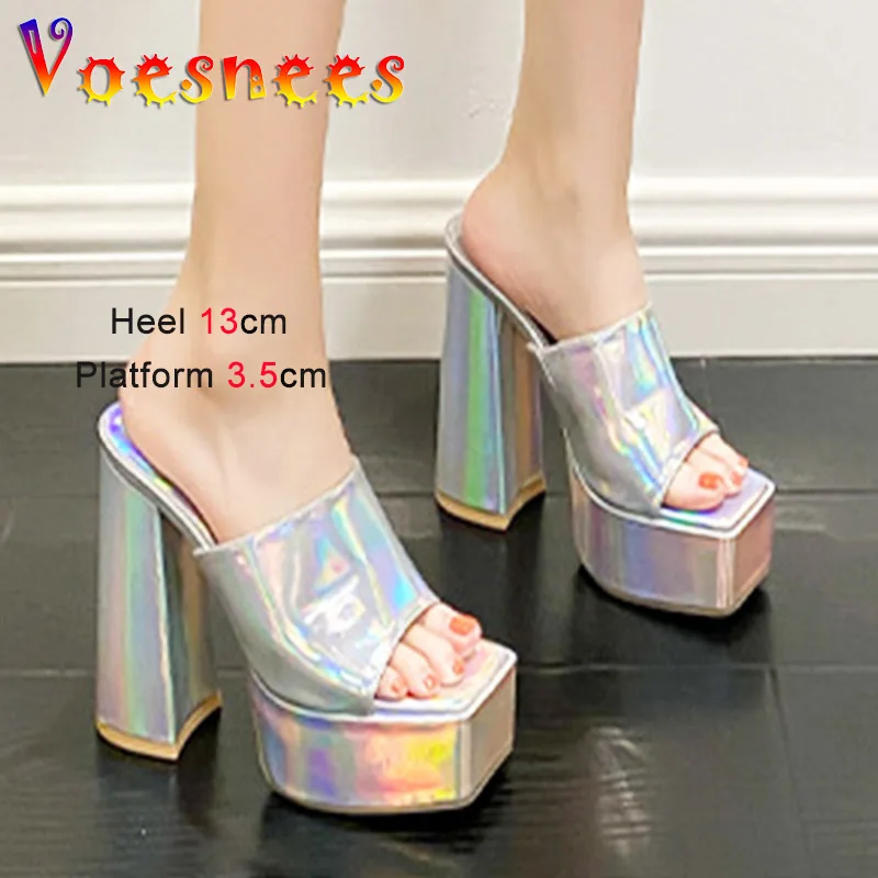 

Thick Platform High Heels 2023 Brand New Fashion Slippers 13CM Sexy Square Head Sandals Summer Basic Holographic Women's Shoes