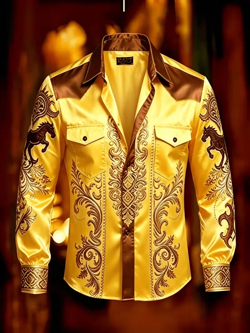 New Men's Dark Pattern Paisley Curly Grass Printed Long Sleeve Shirt with Shiny Surface and Hanging Collar Top