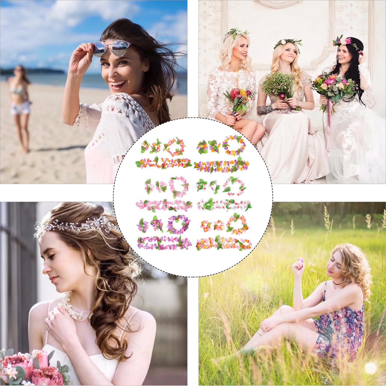 6Pcs Hawaiian Garland Floral Wreath Set Pink Red Heart White Purple Yellow Headband Necklace Bracelet Luau Party