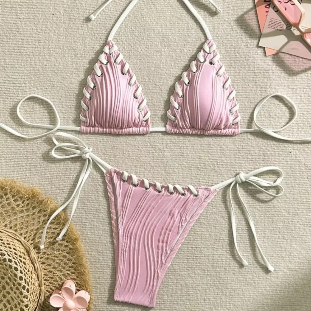 

2pcs Self Tie Bikini Set for Women Halter Neck Sexy Separated Swimsuits Aesthetic Summer Women Swimwear Set Summer Season