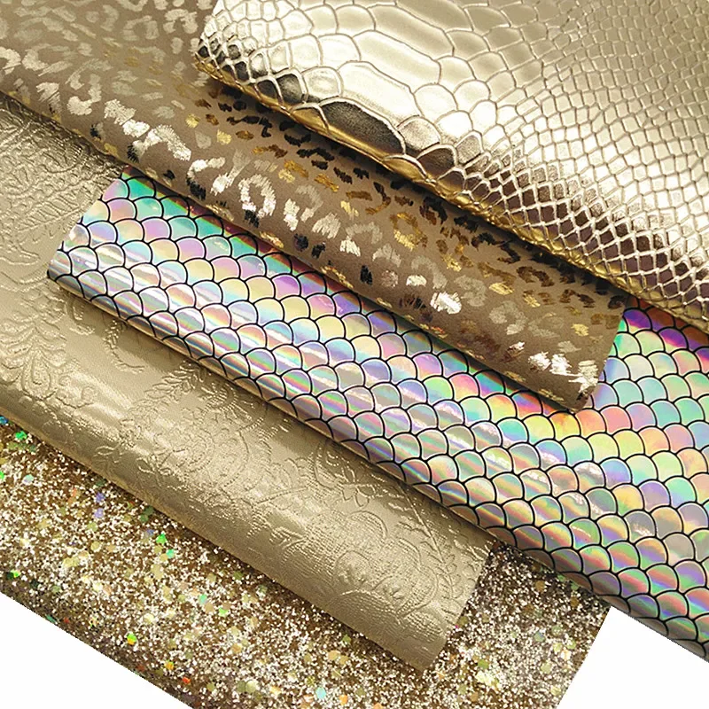 Iridescent Gold Glitter Leather Sheets Snake Floral Embossed Faux Leather Leopard Faux Leather Fabric For DIY 21x29CM Y475