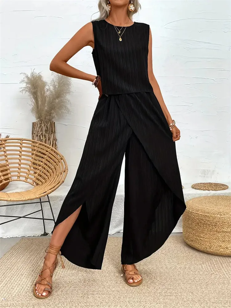 패셔너블한 세트, 여유로운 오버사이즈 편안한 세트, 민소매 크루넥 티셔츠 세트, 여름 준비 완료, 가벼운 캐주얼 세트