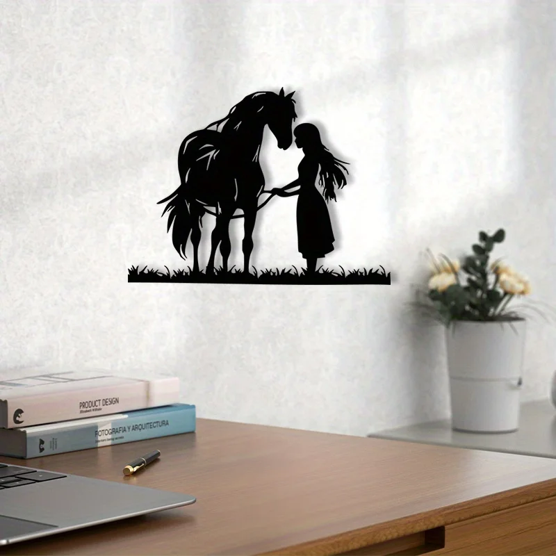 1 pieza de arte de pared metálico de hierro con diseño de chica y caballo, decoración ecuestre para establos, letrero de pared