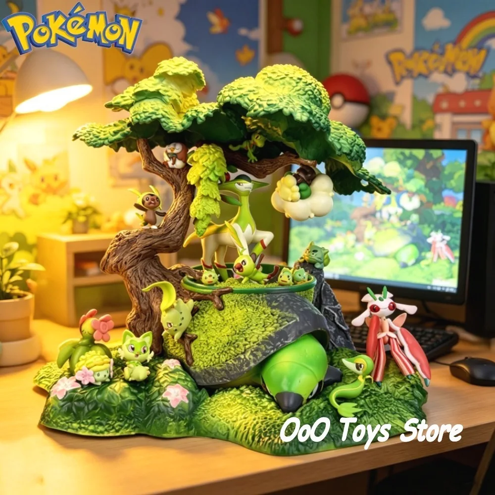 Anime Pokémon Figur Gras-Typ Familie Bucket Actionfiguren PVC-Statue Desktop-Ornament Sammlermodell Spielzeug Geschenke 27,5cm