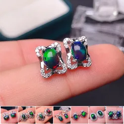 MeiBaPJ 5*7 Natural Black Opal Gemstone Flower Stud Earrings for Women Real 925 Sterling Silver Charm Fine Wedding Jewelry