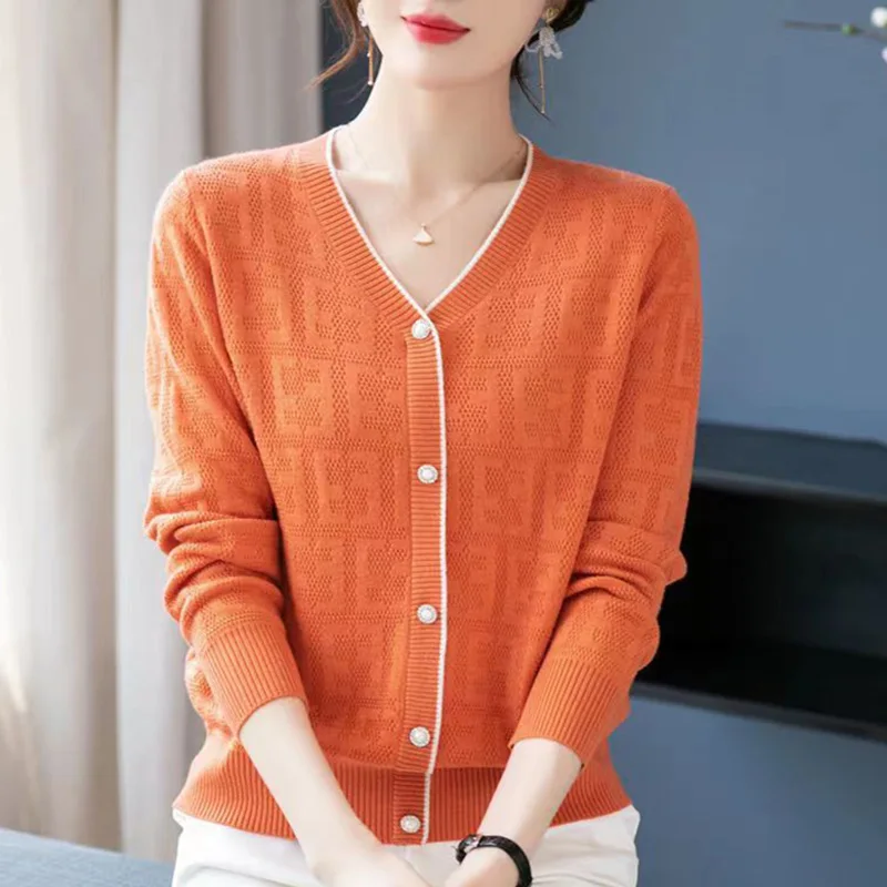 

Fashion V-Neck Button Knitted Spliced All-match Sweaters Women's Clothing 2023 Autumn New Casual Pullovers Loose Commute Tops