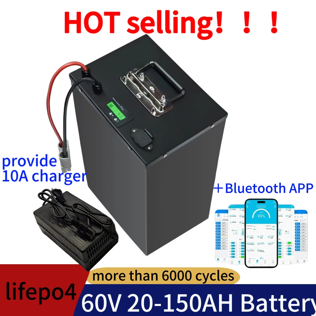 Lifepo4 Lithium Battery 60V Eco-Friendly with Bluetooth APP BMS for Scooter Boat - Multiple Sizes( 30Ah-150Ah)