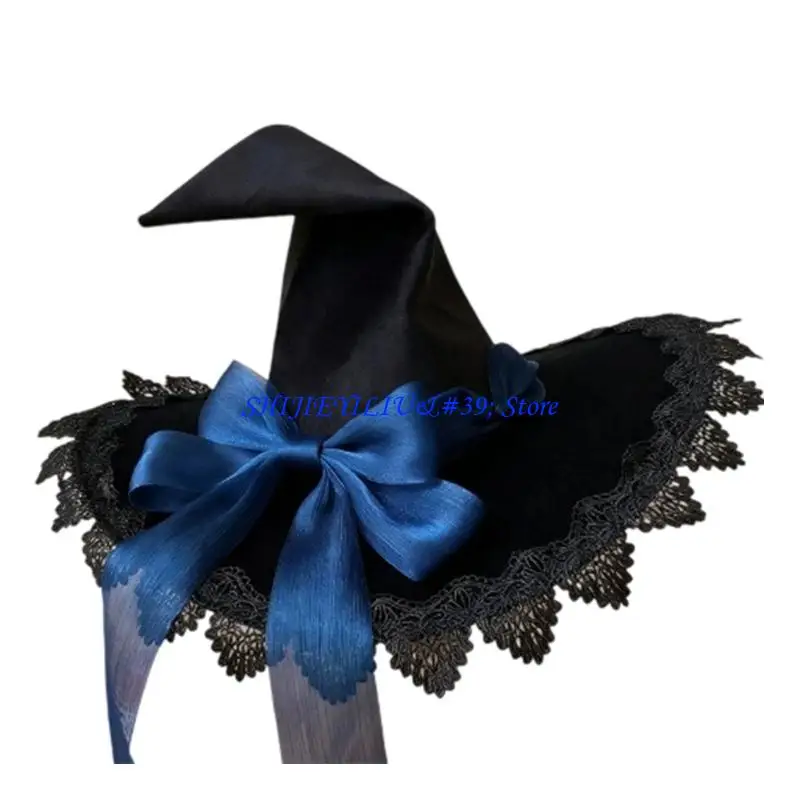 E21F Costume Witch Hat for Halloween Parties, Pointed Wizard Hat with Lace and Statement Ribbon Accent for Cosplay Wear