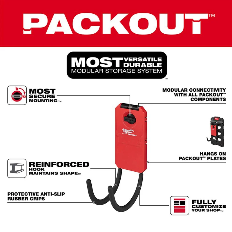 Milwaukee PACKOUT™ Wall Hook, Straight Curved S-Hook, Heavy Duty Reinforced Storage Hook for PACKOUT Mounting Plate