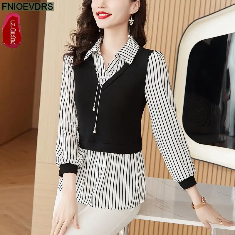 Camicia a righe di base 2024 donna autunno elegante Office Lady camicie Casual con bottoni Retro Vintage nero Ruffles peplo top camicette