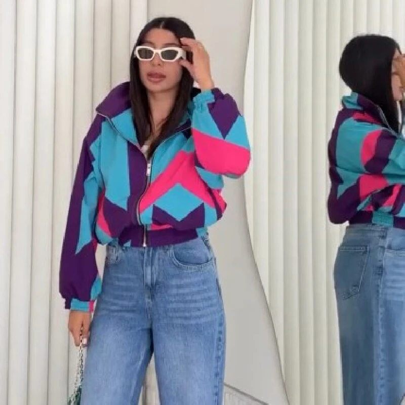 Eye-catching Multicolor Geometric Jacket Hooded Zip Cropped Windbreaker Loose Women Casual Chic Fashion Street Outerwear