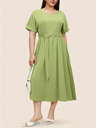 Plus Size Solid Color T-shirt Long Dress Ring Belt Tie Elegant Gentle Lady Go To Work Commuting Shopping Dating Party can Worn