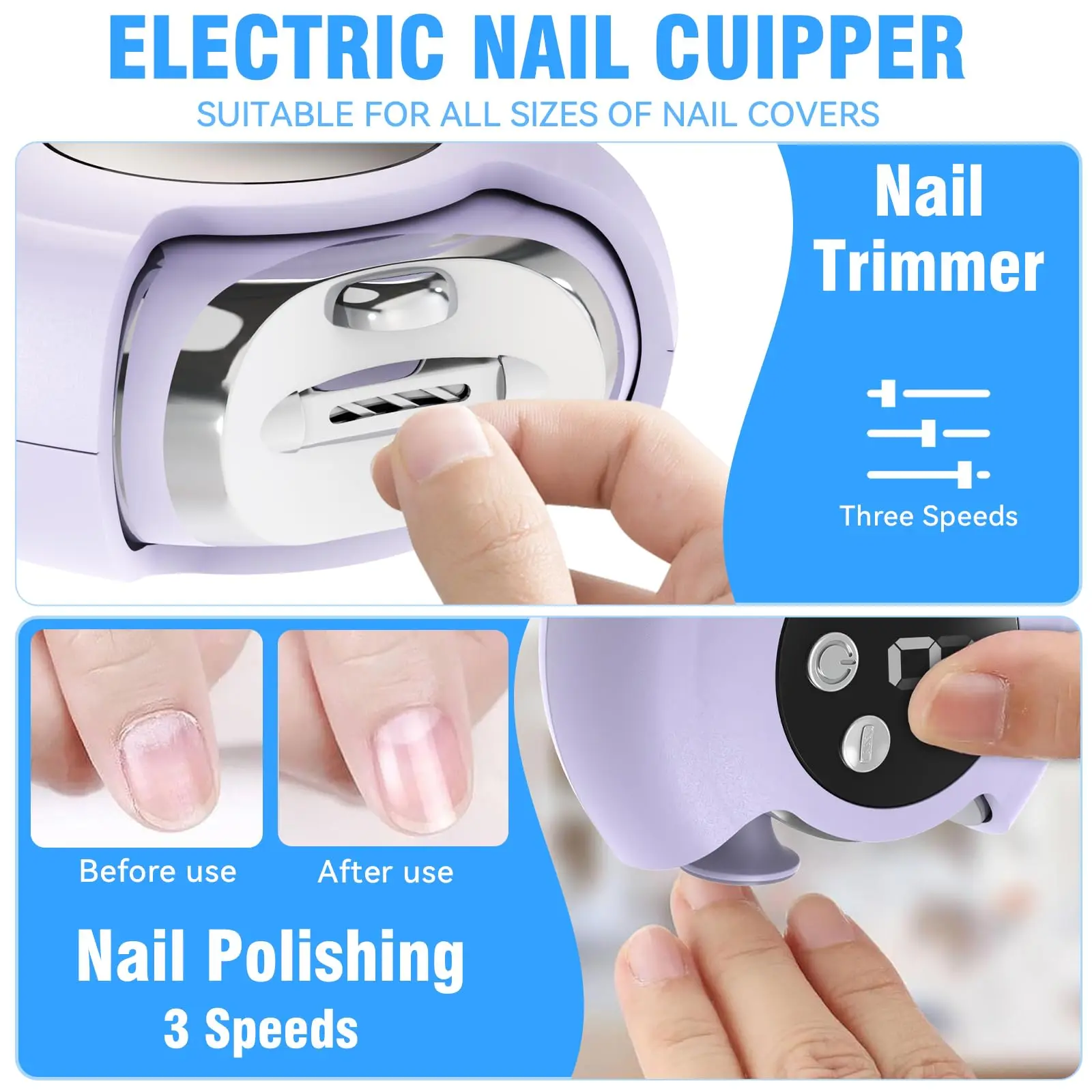 3 in 1 Electric Nail Clipper, Portable Electric Toenail Clippers for Seniors, 3 Speed Automatic Electric Nail Trimmer