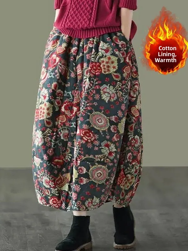 

Хлопково-льняная юбка в стиле ретро с цветочным принтом и эластичной резинкой на талии, теплое зимнее новое поступление, большие размеры, женская модная одежда для поездок на работу, A-Li...