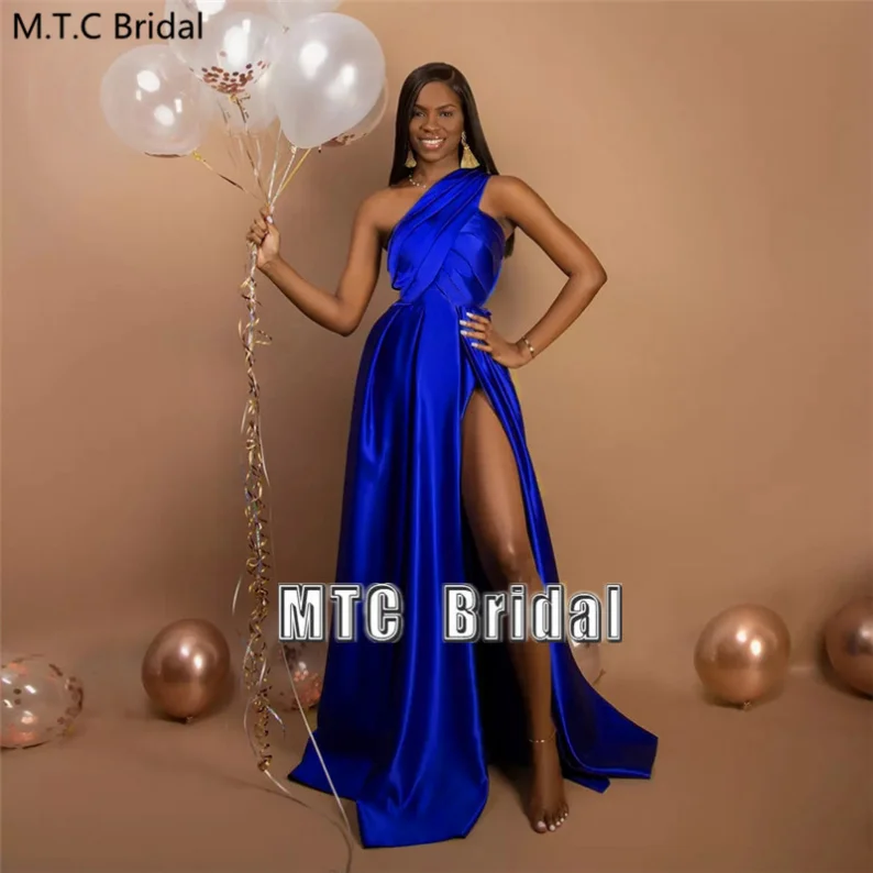 

Elegant Royal Blue Long Prom Dresses One Shoulder Pleat Satin Black Women Party Dress With Slit Sexy Formal Gown Plus Size