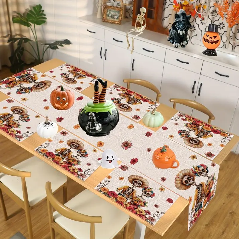 VIKAMA Halloween Skeleton Day Meal Mat Set, Thrilling Theme Table Flag, Aesthetic Festival Party Home Desktop Decoration