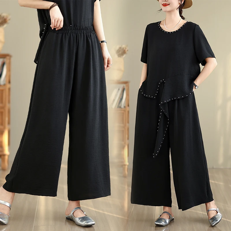 

Faionable для похудения, женский круглый топ и широкие брюки с эластичной резинкой на талии, комплект из двух предметов, полиэстер ort Sve Crew...