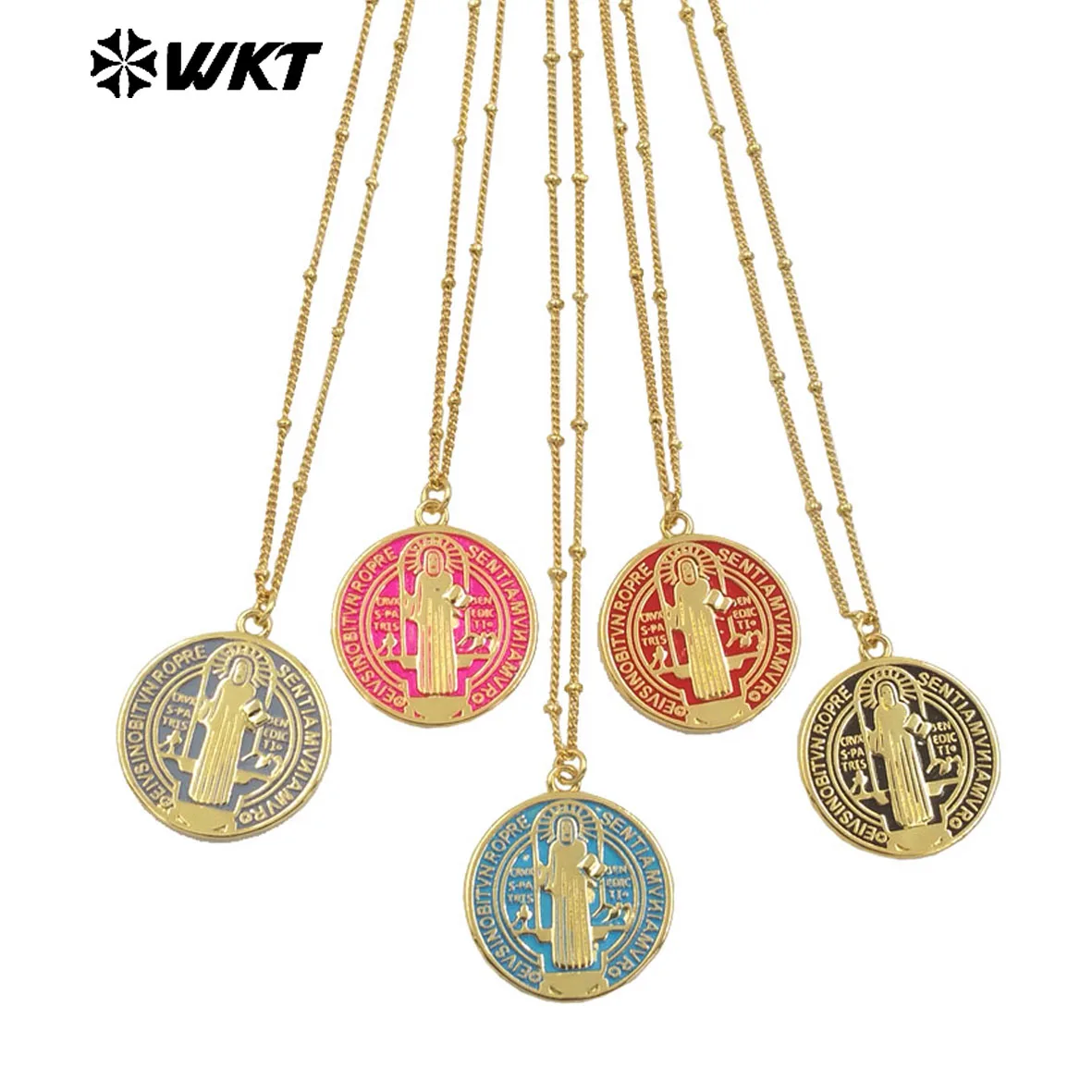 WT-MN992 Wholesale Fashion Gold Plated Round St Benedict Medal Religious Necklace In Drop Oil Craft 10PCS