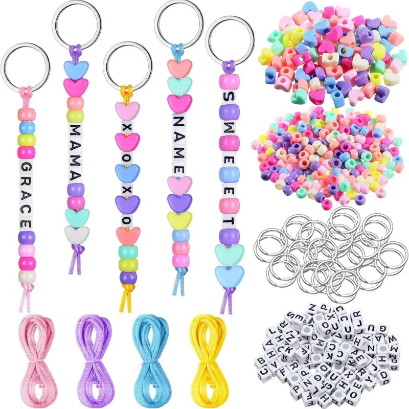 566 Pcs DIY Bead Keychain Kit Key Chain Making Craft Adjustable Letter Beads String Mama Gift Alphabet Bead Jewelry Key Ring